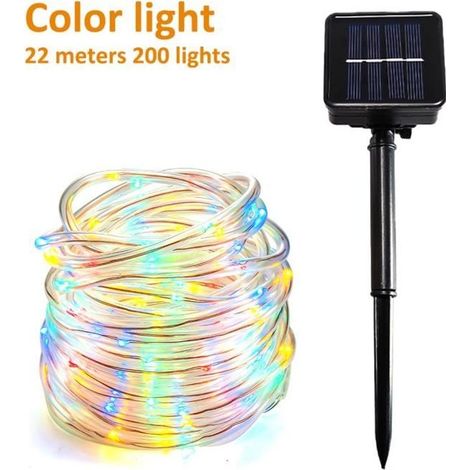 1 guirlande lumineuse solaire, 200 LED multicolores, tube PVC souple avec capteur crépuscule-aube, 22 m, décoration extérieure et intérieure