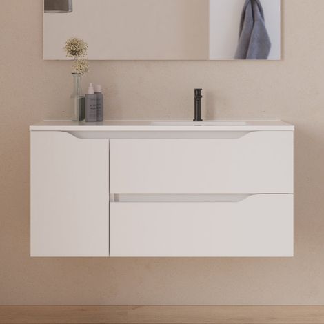 Meuble sous vasque seul, 2 tiroirs et 1 porte, 100cm, pour vasque déportée droite - blanc mat - ZARZA