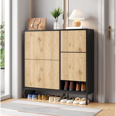 Meuble à chaussures 100x25x100 cm noir et naturel en MDF avec banc escamotable et rangement 12-16 paires (1/5)