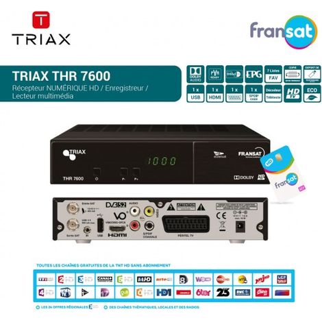 Récepteur Décodeur Satellite HD Triax THR 7600 FRANSAT + Carte FRANSAT - Enregistreur Lecteur multimédia, PVR ready, Time Shift, USB