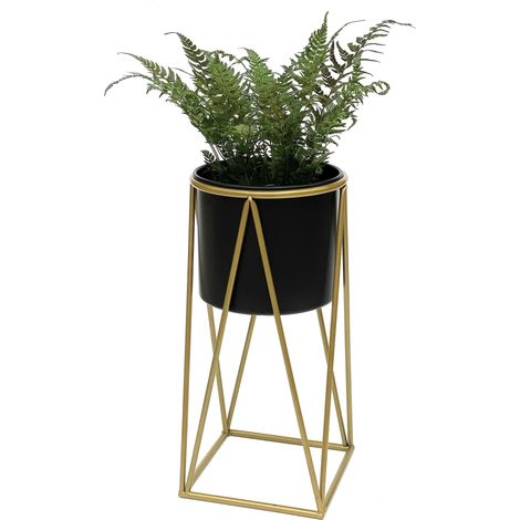 DanDiBo Blumenhocker mit Topf Metall Gold Schwarz S 47 cm Blumenständer 96046 Blumensäule Modern Pflanzenständer Pflanzenhocker