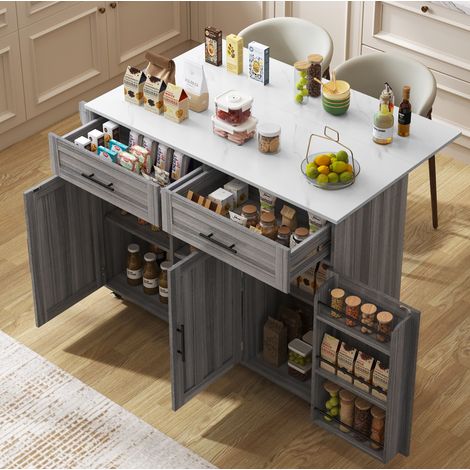 Carrello cucina 129x46x91.5 cm grigio e bianco in MDF con piano estensibile, ruote con freno e ripiani regolabili (1/5)