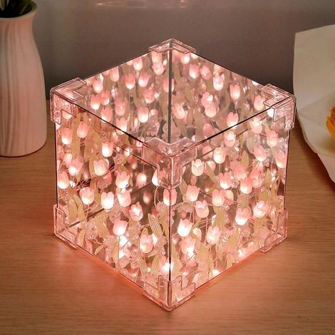 DIY-Tulpen-LED-Spiegellampe – Ästhetisches Würfel-Nachtlicht mit Geschenktüte – Geschenkidee für Frauen, Mütter, Töchter oder Freundinnen (Rosa) (1/5)