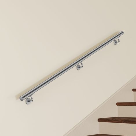 Main Courante Murale pour Escalier en Inox 304 argent - Rampe Escalier 200 cm avec Supports Fixation et Embouts Inclus - Usage Intérieur & Extérieur