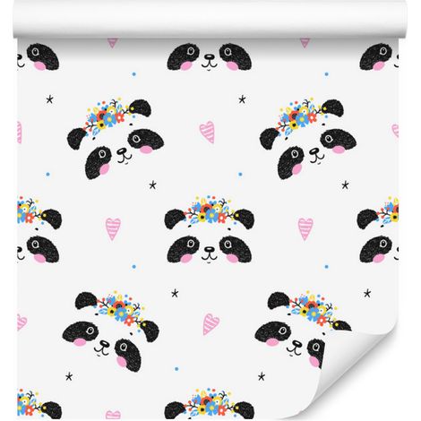 Papel pintado de lindos pandas con flores para salón y dormitorio, 50x1000 cm. (1/5)