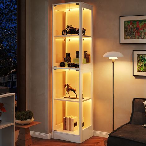 Vitrine LED 40x35x170 cm verre trempé,LED app,4 étages,porte poussoir. Design blanc minimaliste pour rangement et exposition.