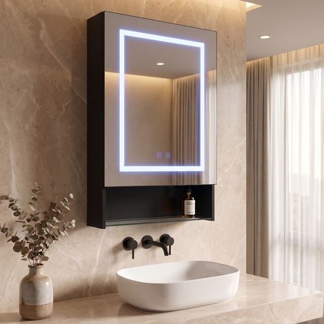 Armoire murale de salle de bain avec miroir et étagère, 50x16x88 cm, meuble de salle de bain mural LED 3 couleurs et anti-buée, bois et verre, moderne, Noir