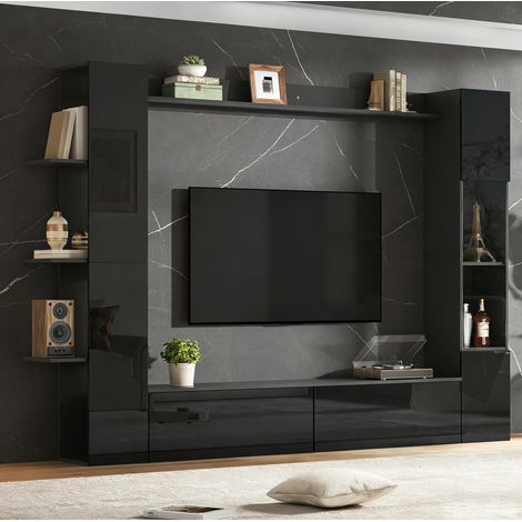 Wohnwand 245x30x170 cm Schwarz MDF mit Hochglanzoberfläche und viel Stauraum (1/5)