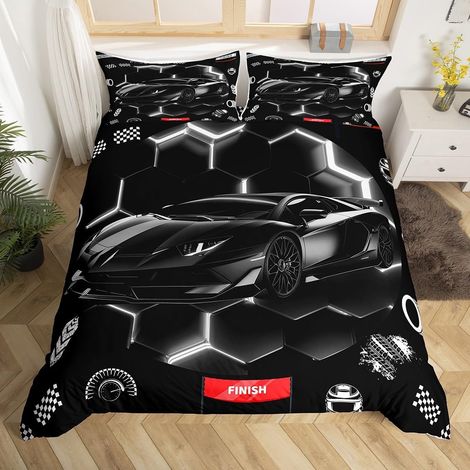 Sports Car Duvet Cover 220 x 240 cm, Black, Children's Boy, Honeycomb Race Car Bedding Set, Neon Race Duvet Cover Set, Extreme Racing Games, Checked Bed Cover (1/5)