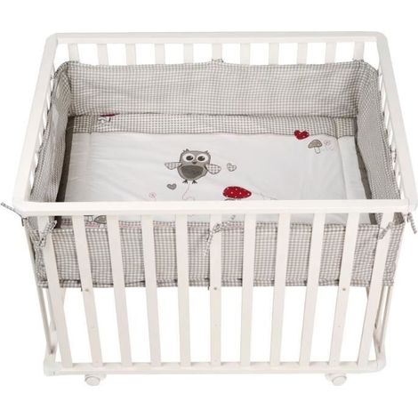 Babypark 100x75 cm + Teppich "Adam und Eule" Gedruckte Eule + 4 Räder - ROBA - Weißes Holz (1/4)