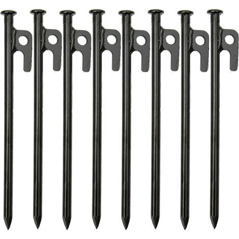 Lot de 8 piquets de tente robustes en fer forgé haute résistance de 20 cm avec crochet et trou pour voyage en plein air. randonnée. jardinage. grand sol dur et rocheux (1/4)