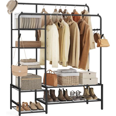 Portant à Vêtements, Armoire Penderie Ouverte, Porte-manteau avec 7 Étagères, Cadre en Métal, Tringles, pour Chambre, Salon, Entrée, Noir,Taille: 115,8L cm (1/2)