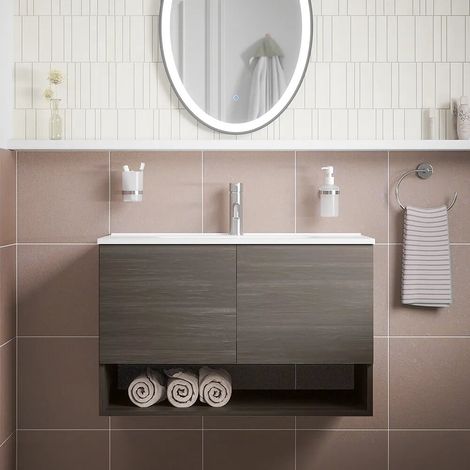 Meuble suspendu 60 cm en chêne foncé avec deux portes compartiment ouvert et lavabo Sauris (1/4)