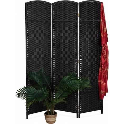 Relaxdays Paravent Raumteiler, HxB: 170x120 cm, faltbarer Raumtrenner, 3-teiliger Sichtschutz, Holz, Papierseil, schwarz