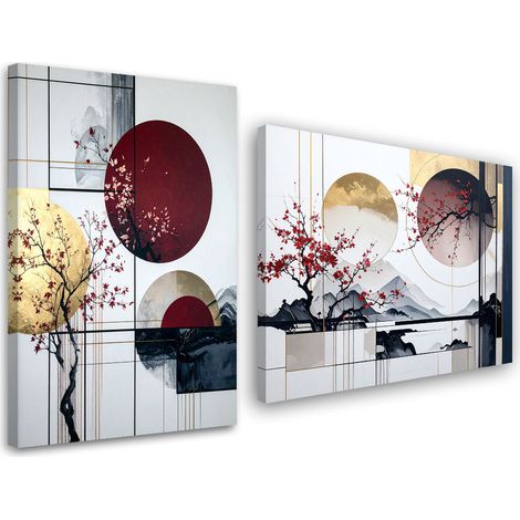 Set de tableaux sur toile  Paysage japonais cercles feuilles bordeaux 2 x 20x30