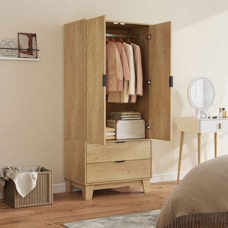 Armoire chambre penderie avec 2 portes à fermeture douce. 2 tiroirs et barre de suspension. 80x50x180cm. bois naturel