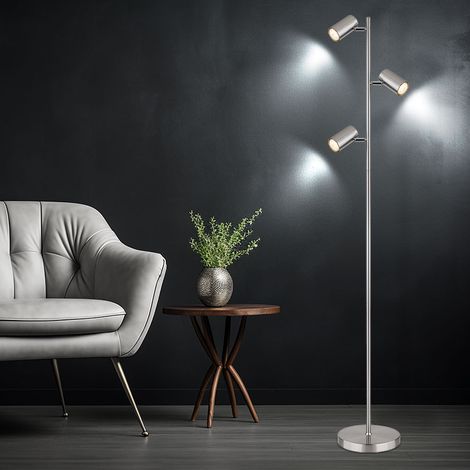 Globo – Lampadaire salon moderne argent – 3 lumières orientables – Métal – Douilles 3x GU10 – Hauteur 154 cm – Interrupteur au pied