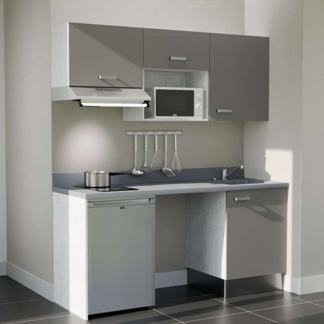 Kitchenette K55L - 180 cm - plan monobloc évier intégré Cromo- évier à droite - Façades Gris + Electroménager inclus coloris Inox