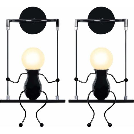 Aplique de pared infantil de diseño "muñeca en columpio" en hierro negro – Juego de 2 lámparas decorativas modernas para salón o dormitorio.