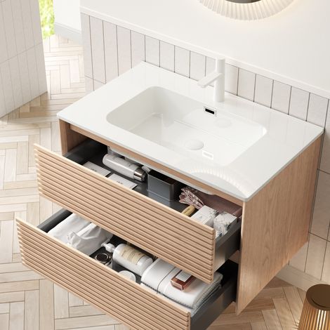 Meuble vasque suspendu 81 cm avec lavabo céramique blanc, 2 tiroirs, contreplaqué noyer cannelle (1/5)