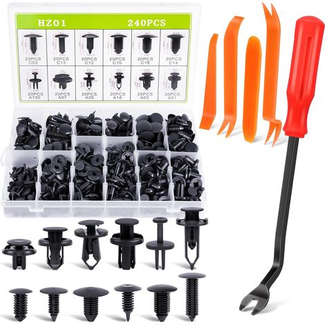 Rivet Clips Voiture Universel, 240 Pièces Clips de Fixation Voiture, Rivet Plastique Fixation, avec Boîte De Rangement et Outil de Démontage, 12 Tailles, Agrafe Carrosserie (1/5)