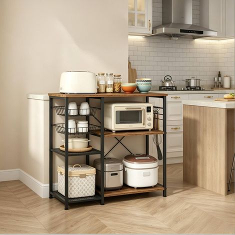 Étagère de cuisine ouverte avec 2 paniers filaires, 2 tablettes bois, 5 crochets et support micro-ondes, meuble stable 90 x 40 cm noir et marron - CHICFURN (1/5)
