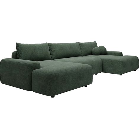Grand canapé d'angle panoramique convertible en tissu texturé vert sapin DAVISO (1/5)