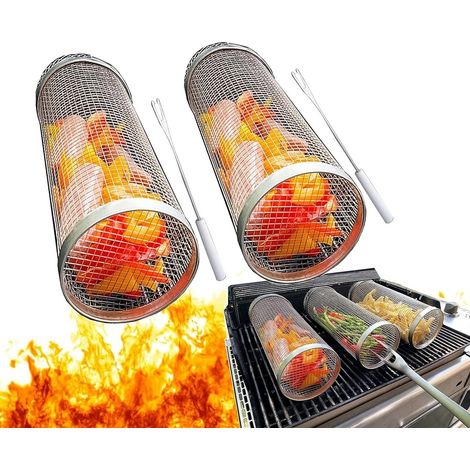 Ensemble de 2 paniers à griller pour barbecue, cage à griller cylindrique en acier inoxydable 304, pour légumes, crevettes, noix et viande, pour barbecue et fumoir (1/5)