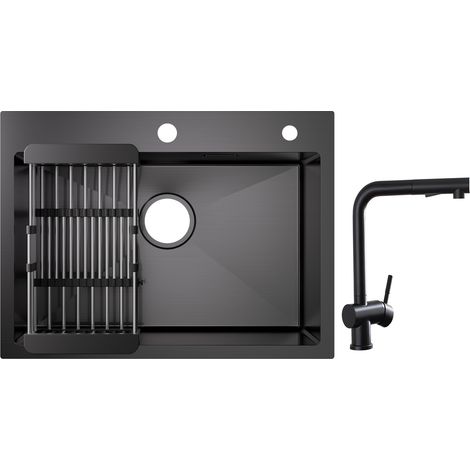 Cecipa Évier 1 Bac Inox avec Panier de Drainage - Évier de Cuisine Noir 60×45×18 cm + Robinets Cuisine avec Douchette Extractible, Mitigeur d'évier Noir (1/5)