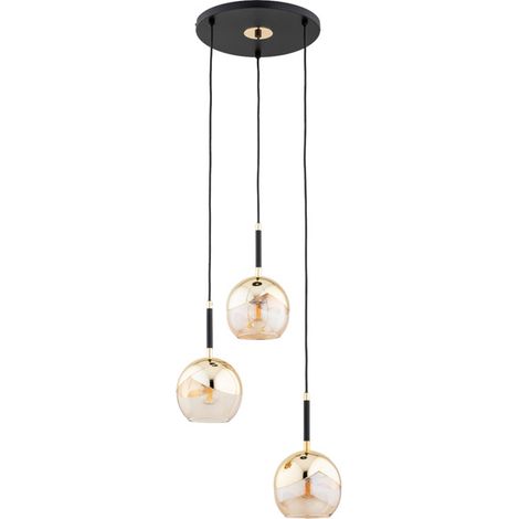 Alfa PRADA 3-Light Pendant Ceiling Lamp, Black Metal with Gold Shades, Round 38cm, Height 85cm, 3xE27 Max 15W, Modern Dining Room Chandelier, Dimmable Bulb Compatible