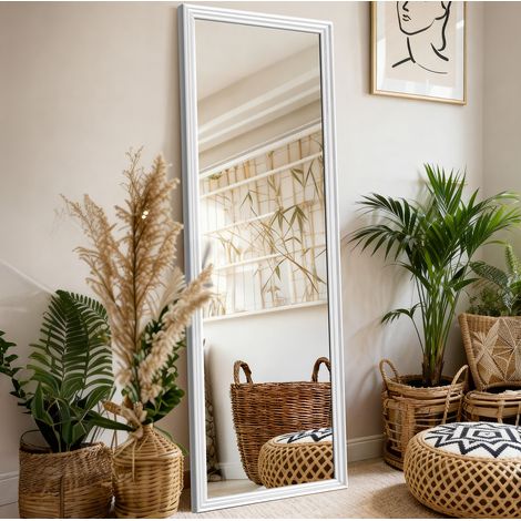 Miroir sur pied 160x50 cm bois et métal blanc, support inclinable, stable pour salon – MEUBLIV (1/5)
