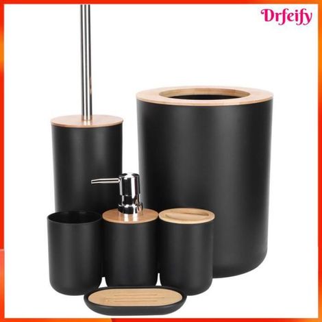 Badezimmer-Accessoires – 6-teiliges Set – Bambus & Kunststoff – Schwarz – Abfalleimer, Bürste, Spender