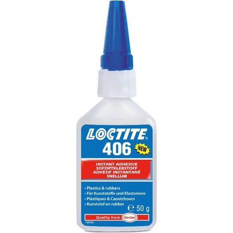 Adhesivo instantáneo universal Loctite 406 de 50 ml, de muy baja viscosidad, para una unión ultrarrápida de plásticos, caucho y otros elastómeros. (1/3)