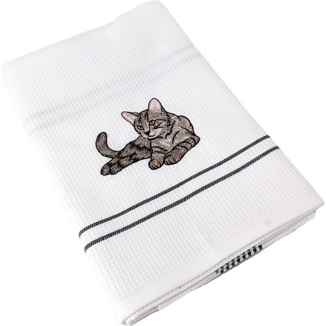 Torchon nid d'abeille WAFFLE brodé Chat (1/5)