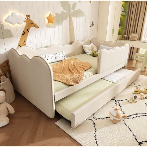 Lit banquette enfant 90x190 cm avec lit gigogne, sommier à lattes, lin beige, REDOM (1/5)