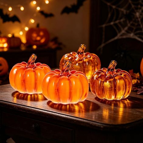 Lot de 4 Citrouilles Lumineuses Scintillantes, Lampe LED en Forme de Citrouille, Lanternes Citrouille d'halloween à LED, Fonctionne à Piles, pour Thanksgiving, Halloween, Cheminée, Ma (1/5)
