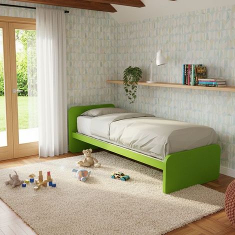 Letto singolo cameretta 80x190 con rete a doghe in acciaio e faggio - Verde mela