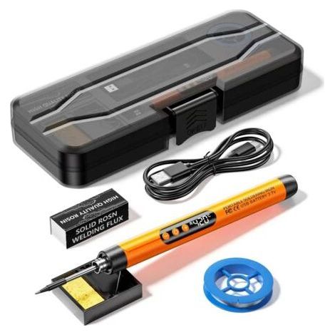 Orange Soldering Iron Kit with Mini Digital Display and Wireless USB Charging Cord for Home Appliance Repair (1/5)