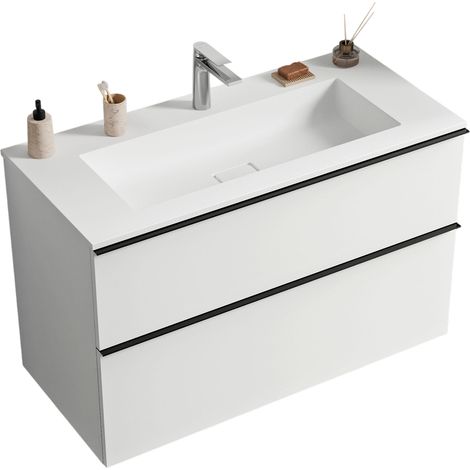 BERNSTEIN - Mobile lavabo sospeso MDF bianco opaco, lavabo Ghisa con foro rubinetto, maniglia nero opaco - 100x46x62cm - LAVOA	Bianco opaco, Nero opaco, Bianco opaco con foro rubinetto