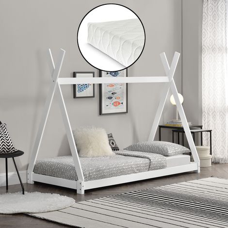 Cama Tipi para niños pequeños Onejda con colchón madera pino 90x200cm Blanco mate [en.casa] (1/5)