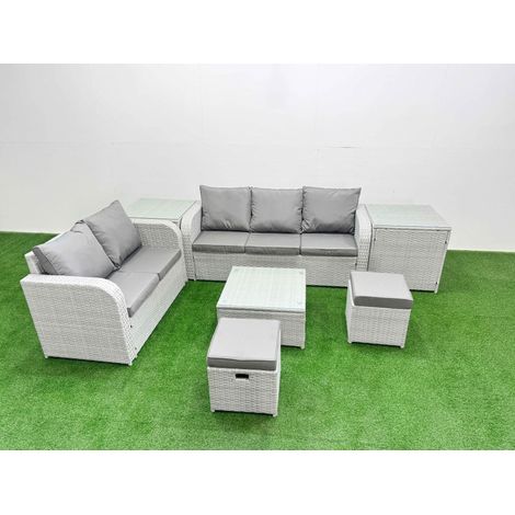 Fimous 7 Seater PE Rattan Wicker Garden Furniture Patio Conservatory Sofa Set with Square Coffee Table 3 Seater Sofa Love Sofa 2 Stools 2 Side Table (1/4)