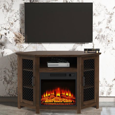 Parrot Uncle Brown TV Stand with Electric Fireplace, Modern TV Unit Media Console with Storage Cabinets for TVs up to 55"