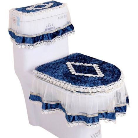 3 pièces Ensemble couvercle réservoir et siège toilette, Dentelle, Bleu, Universel, Salle de bain (1/5)