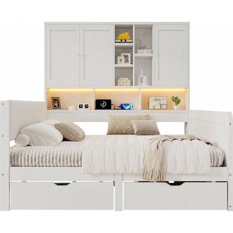 Cama infantil 140x200 blanca con LED, USB, cajones, cabecero de PU, MDF (1/5)