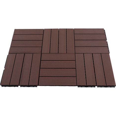 Lot de 16 dalles de terrasse clipsables pour intérieur/extérieur, sol antidérapant et imperméable, lattes bois individuelles, pose en ligne, motif fil droit (1/5)