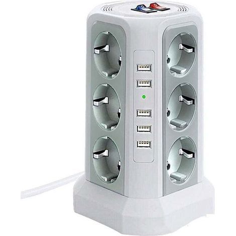 Tour multiprise parafoudre et surtension, Multiprise Electrique avec 5 Ports USB et 12 Prises, multiprise avec et 3 Interrupteurs, Blanc (1/4)