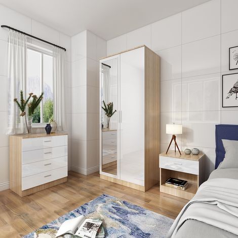 ELEGANT Modern High Gloss Wardrobe and Cabinet Furniture Set Bedroom Wardrobe with Mirror and 4 Drawer Chest and Bedside Cabinet, White/Oak (1/5)