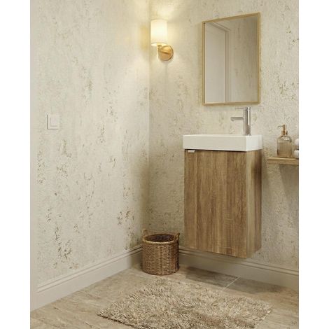 Meuble lave mains suspendu Ana 40, finition effet chêne, avec vasque/lavabo intégré, design chaleureux, fixation murale sécurisée, résistant à l'humidité, idéal pour une décoration naturelle