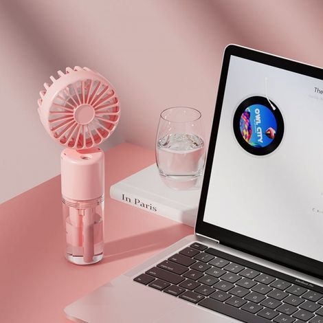Mini ventilatore portatile con nebulizzatore, batteria ricaricabile USB da 800 mAh, 4 velocità, silenzioso, pieghevole e tascabile per uso esterno e viaggi, rosa (1/5)
