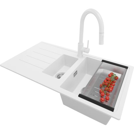 PRIMAGRAN Evier Cuisine en Granit 90x50cm,Lavabo 1,5 bacs + Robinet 40x20cm + Kit de Vidage, Évier à Encastrer au Meuble 60cm - Copenhague Duo, Blanc
